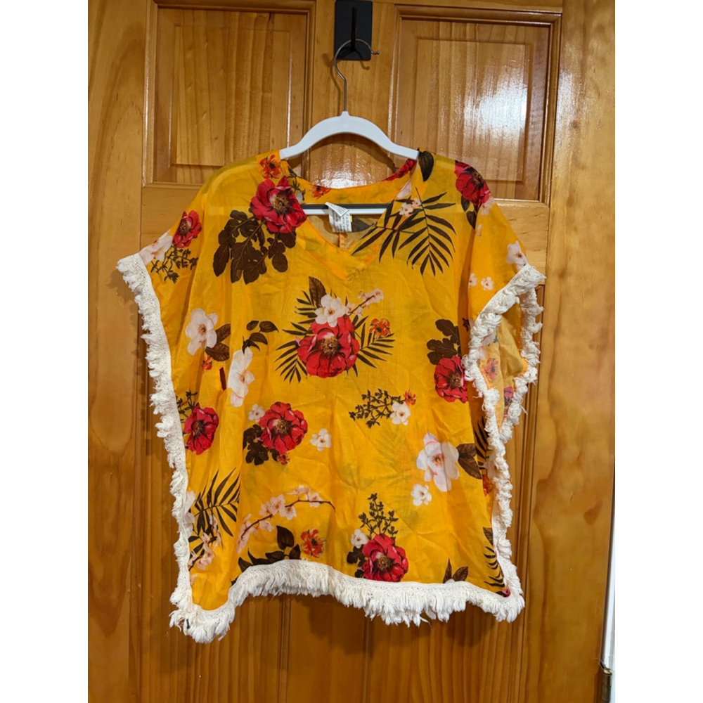 Agua Bendita Kids Floral Tunic Top Yellow Fringe Trim Size 4 (Missing Tie)